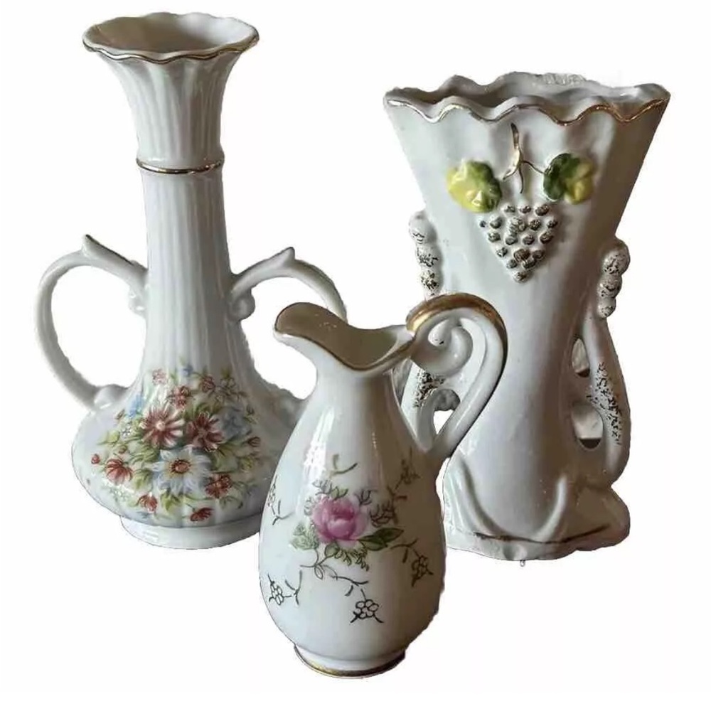 Vintage Mini Bud‎ Vase White 3 Ceramic Multicolor Flowers Gold Accent Excellent